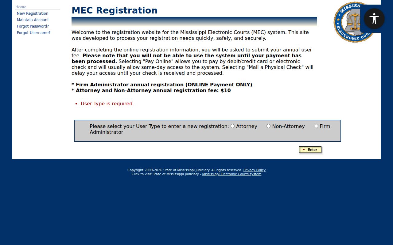 Mississippi PAMEC public access registration page