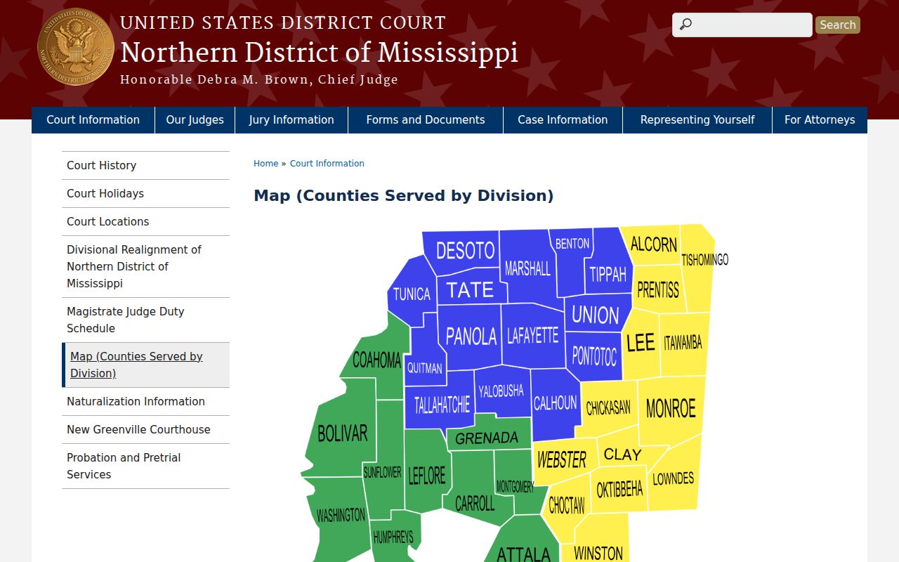 Federal court map placing Tishomingo County in the Aberdeen Division