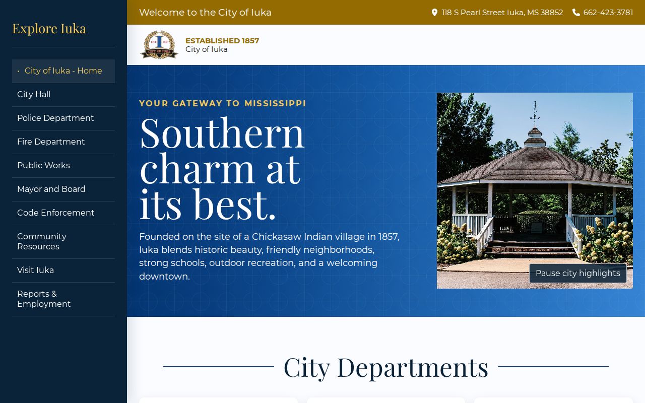 Official Iuka City Hall and police contact page